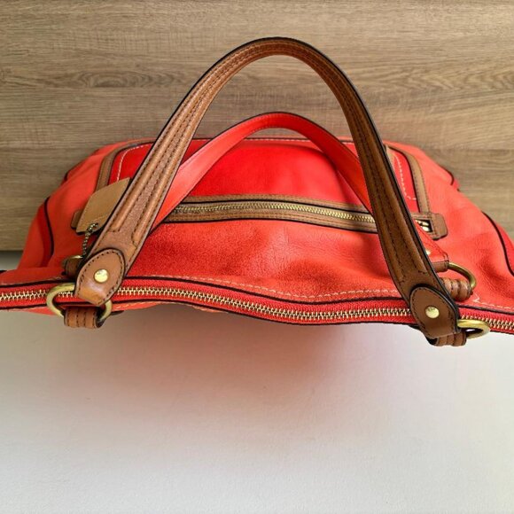Coach 22430 Poppy Vermillion Shoulder Tote Bag Sun Orange Leather with Tan Trim - Picture 6 of 10